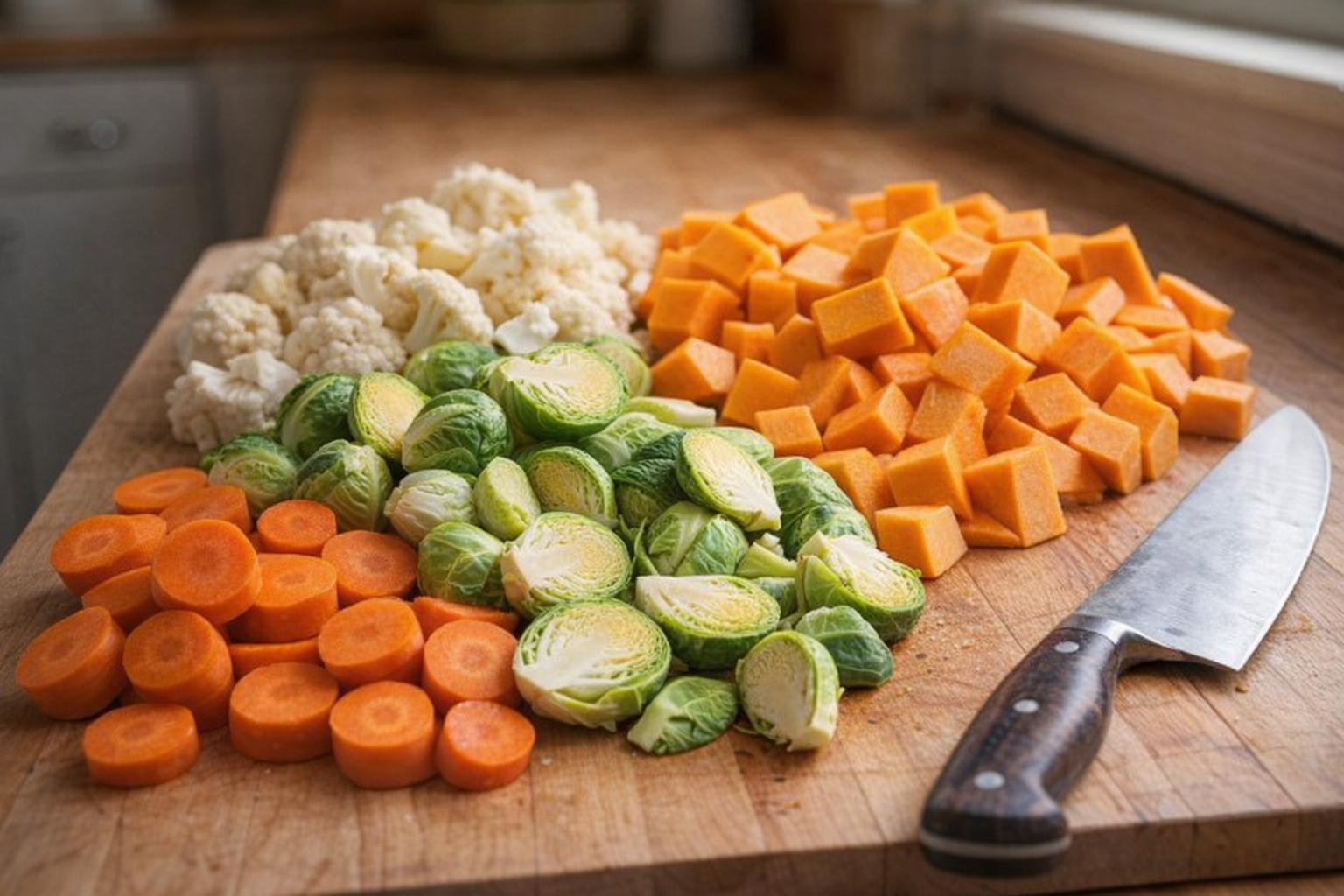 A close-up shot of a variety of chopped vegetables (carrots, Brussels sprouts, butternut squash, cauliflower) arranged on a wooden cutting board, with a chef's knife visible